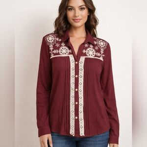 Elegant Maroon Embroidered Button Down Shirt